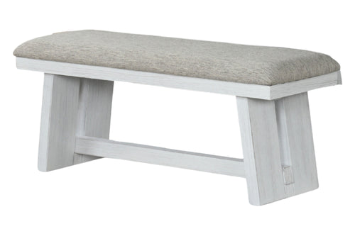 Bench de comedor blanco con sillón gris sobre un fondo blanco. 