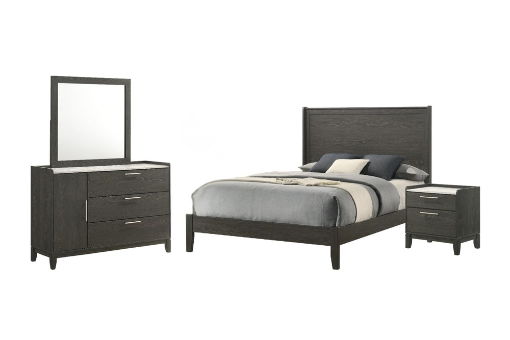 Conjunto de muebles de dormitorio con cama, gavetero con espejo y mesita de nochesobre fondo blanco.