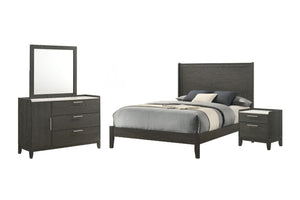 Conjunto de muebles de dormitorio con cama, gavetero con espejo y mesita de nochesobre fondo blanco.