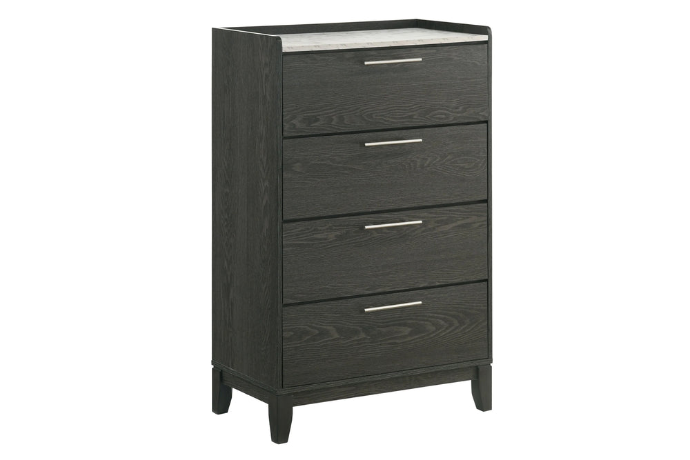 Black chest with four drawers with a marble pattern on the top on a white background. 