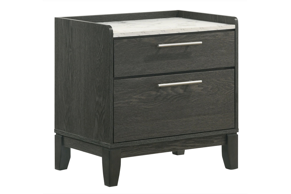 Dark wood nightstand with two drawers with a marble pattern as the top on a white background. 