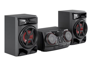 Conjunto de altavoces negros con detalles en rojo sobre fondo blanco.