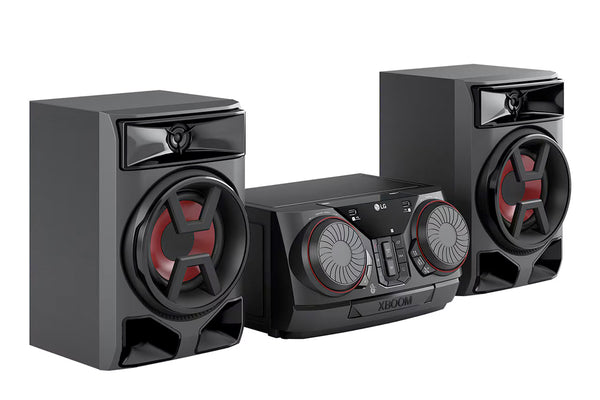 Conjunto de altavoces negros con detalles en rojo sobre fondo blanco.