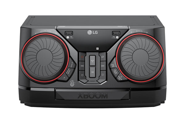 Sistema de sonido LG con detalles en rojo sobre fondo blanco.