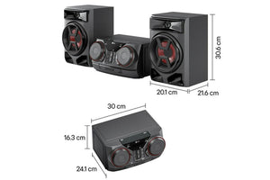 Altavoces negros con dimensiones etiquetadas sobre un fondo blanco