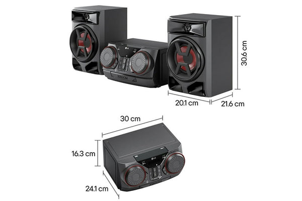 Altavoces negros con dimensiones etiquetadas sobre un fondo blanco
