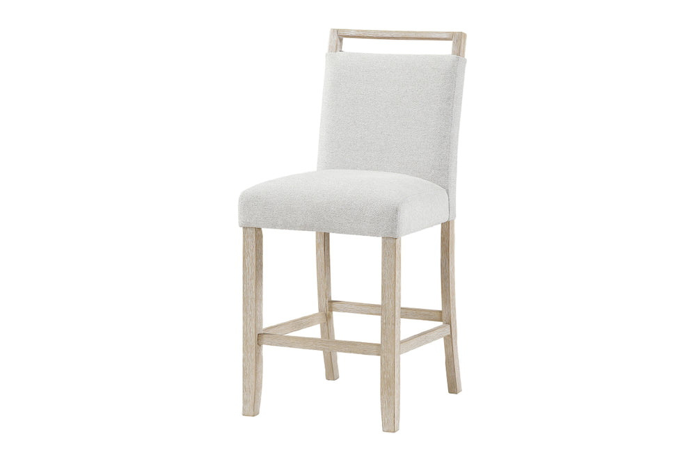 Taburete de bar blanco con patas de madera sobre fondo blanco.