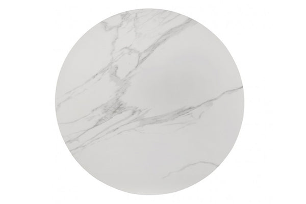 Tope redondo de mármol con patrón jaspeado gris y blanco sobre fondo blanco.