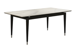Mesa de Comedor con tope de imitación mármol y patas negras sobre fondo blanco.