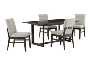 Mesa rectangular de marrón oscuro con cuatro sillas de marco marrón oscuro con acolchado gris en fondo blanco. 
