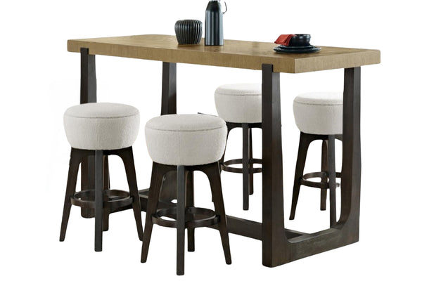 Mesa tapizada rectangular de marco negro con tope marrón claro con cuatro taburetes pequeños con acolchado gris en fondo blanco. 