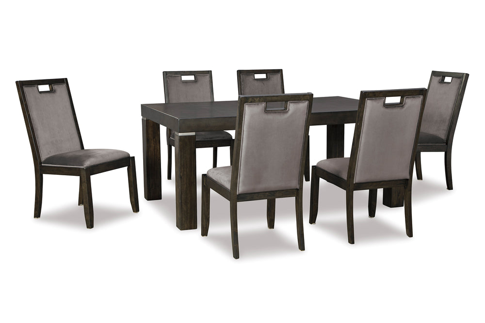 Juego de comedor con mesa rectangular de madera oscura y seis sillas tapizadas en gris, con respaldos altos, aberturas rectangulares en la parte superior y patas de madera oscura.