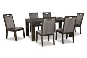 Juego de comedor con mesa rectangular de madera oscura y seis sillas tapizadas en gris, con respaldos altos, aberturas rectangulares en la parte superior y patas de madera oscura.