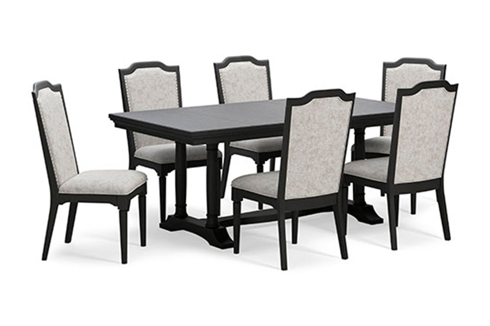 Juego de comedor con mesa rectangular de madera oscura, base de doble pedestal y seis sillas tapizadas en tela beige, con respaldos altos de bordes curvos y estructura de madera oscura.