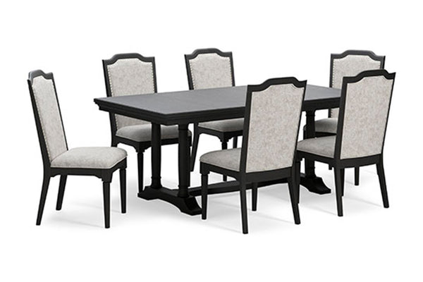 Juego de comedor con mesa rectangular de madera oscura, base de doble pedestal y seis sillas tapizadas en tela beige, con respaldos altos de bordes curvos y estructura de madera oscura.