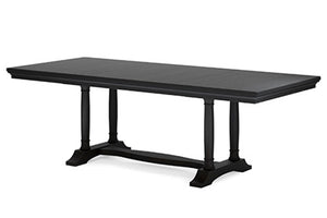 Una mesa de comedor rectangular negra con superficie lisa y patas de pedestal torneadas, unidas por un travesaño inferior, mostrada sobre un fondo blanco liso.