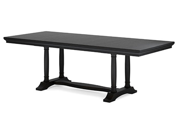 Una mesa de comedor rectangular negra con superficie lisa y patas de pedestal torneadas, unidas por un travesaño inferior, mostrada sobre un fondo blanco liso.