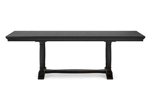 Una mesa de comedor de madera negra con tablero rectangular y patas de pedestal torneadas, presentada sobre un fondo blanco liso.