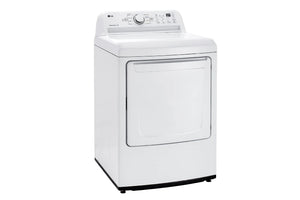 Secadora eléctrica LG blanca de carga frontal con puerta cerrada, panel de control digital superior y tecnología Sensor Dry para un secado eficiente, uniforme y con cuidado de las prendas.