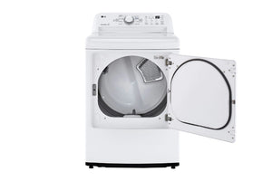 Secadora eléctrica LG blanca de carga frontal con puerta cerrada, panel de control digital superior y tecnología Sensor Dry para un secado eficiente, uniforme y con cuidado de las prendas.