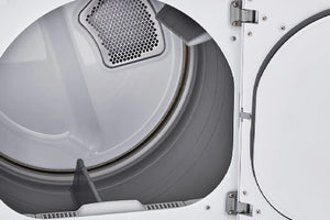 Vista del interior de la secadora eléctrica LG con tambor de acero aluminizado, filtro de pelusas y puerta abierta. Diseño pensado para un secado uniforme y el cuidado de diferentes tipos de prendas.