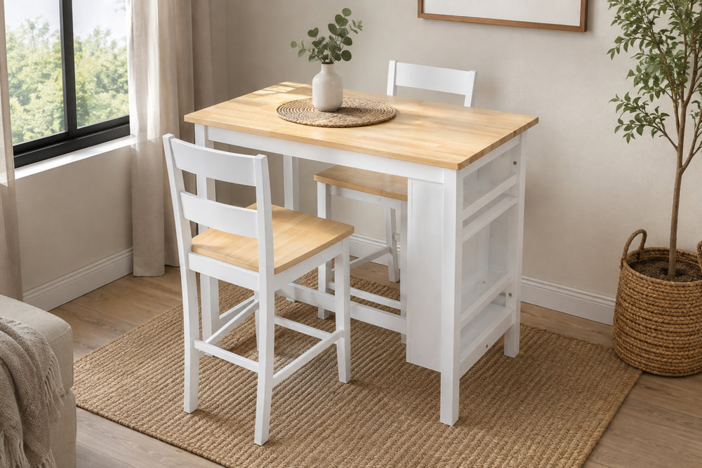 Mesa rectangular con estantes incorporados para almacenamiento en marco blanco y tope cream amarillento con dos taburetes con reposapiés en un fondo blanco. 