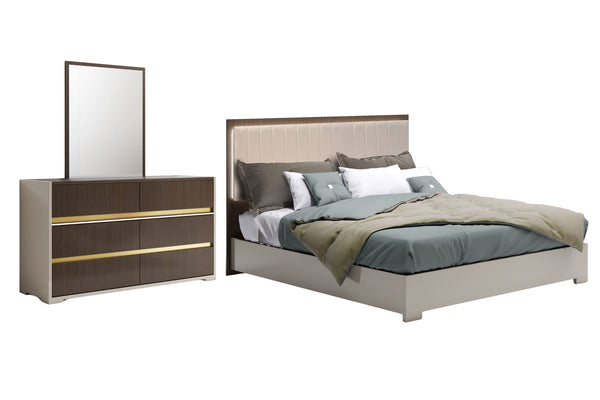 Conjunto de dormitorio en color marrón oscuro con detalles dorados integrado con luces LED que incluye una cama y una gavetero con espejo sobre un fondo blanco.