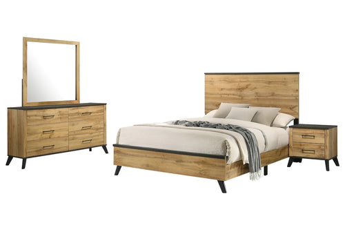 Conjunto de dormitorio hecho de madera marrón claro que incluye una cama, una mesa de noche y un gavetero con espejo sobre un fondo blanco. 