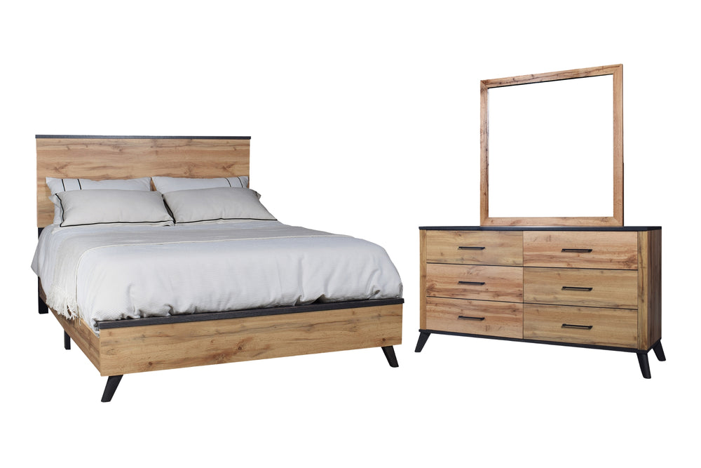 Conjunto de dormitorio de madera con cama y gavetero con espejo sobre fondo blanco.