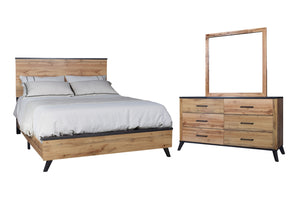 Conjunto de dormitorio de madera con cama y gavetero con espejo sobre fondo blanco.