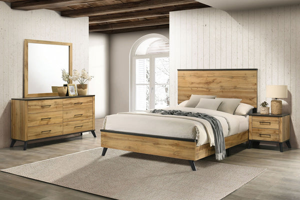 Conjunto de habitación hecho de madera marrón claro que incluye una cama, una mesa de noche y un gavetero con espejo en una habitación al estilo rústico. 