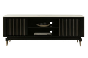 Soporte de TV negro con cubierta blanca sobre fondo blanco