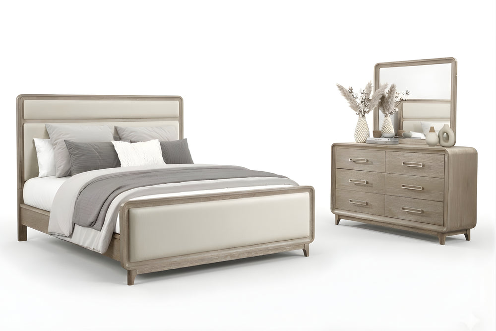 Conjunto de dormitorio de madera color crema que incluye una cama y un gavetero con espejo sobre fondo blanco.