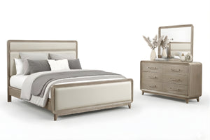 Conjunto de dormitorio de madera color crema que incluye una cama y un gavetero con espejo sobre fondo blanco.