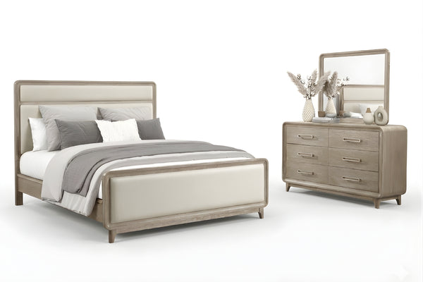 Conjunto de dormitorio de madera color crema que incluye una cama y un gavetero con espejo sobre fondo blanco.