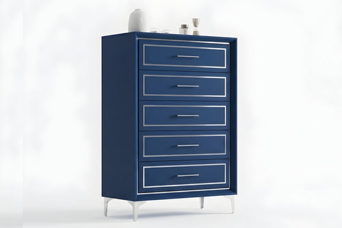 Chest color azul con cinco gavetas. Patas de metal en fondo blanco