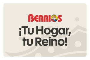 Berrios gift card, cream background, red logo with king mascot, bold dark text "¡Tu Hogar, tu Reino!