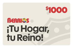Berrios $1000 gift card, cream background, red logo with king mascot, bold dark text "¡Tu Hogar, tu Reino!