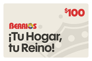 Berrios $100 gift card, cream background, red logo with king mascot, bold dark text "¡Tu Hogar, tu Reino!