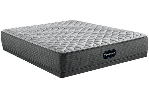 Mattress gris con logo "Beautyrest" sobre un fondo blanco. 