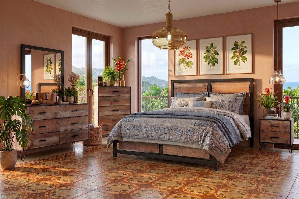Juego de Habitación estilo tropical moderno con cama de madera rústica y estructura metálica negra, ropa de cama en tonos beige y gris con patrones decorativos, cómodas de madera a juego, plantas ornamentales y grandes ventanas con vista a un paisaje natural.