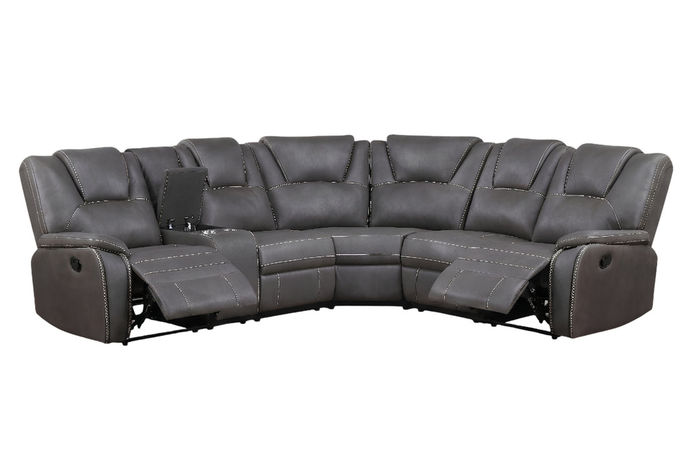 Sofá seccional reclinable en forma de esquina, tapizado en gris oscuro con costuras decorativas en contraste. Incluye dos asientos reclinables, consola central con portavasos y respaldos acolchados para mayor comodidad.