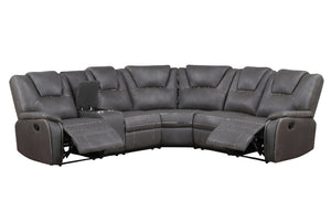Sofá seccional reclinable en forma de esquina, tapizado en gris oscuro con costuras decorativas en contraste. Incluye dos asientos reclinables, consola central con portavasos y respaldos acolchados para mayor comodidad.