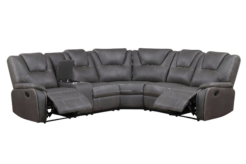 Sofá seccional reclinable en forma de esquina, tapizado en gris oscuro con costuras decorativas en contraste. Incluye dos asientos reclinables, consola central con portavasos y respaldos acolchados para mayor comodidad.