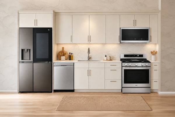 Una cocina moderna y luminosa con gabinetes blancos, encimera de mármol claro y un paquete de electrodomésticos de acero inoxidable LG que incluye una nevera InstaView de puerta doble, lavaplatos, estufa de gas y microondas sobre la estufa
