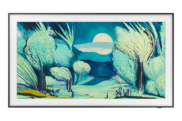 Obra de arte enmarcada de un paisaje estilizado con árboles y una luna.