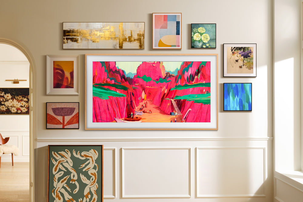 Obra de arte digital colorida de un paisaje de fantasía con montañas rosadas y valles verdes.