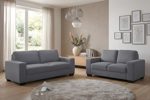 Conjunto de sofás grises en una sala de estar con elementos decorativos.