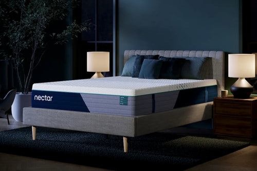 Mattress Nectar en un dormitorio con mesitas de noche y lámparas.