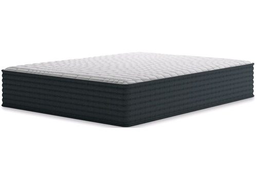 Mattress con parte superior blanca y base negra sobre fondo blanco. 